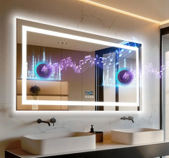 Extra-Long LED Bathroom Mirror with Bluetooth Speaker – Front & Backlit Smart Vanity Mirror with Anti-Fog & Memory Function