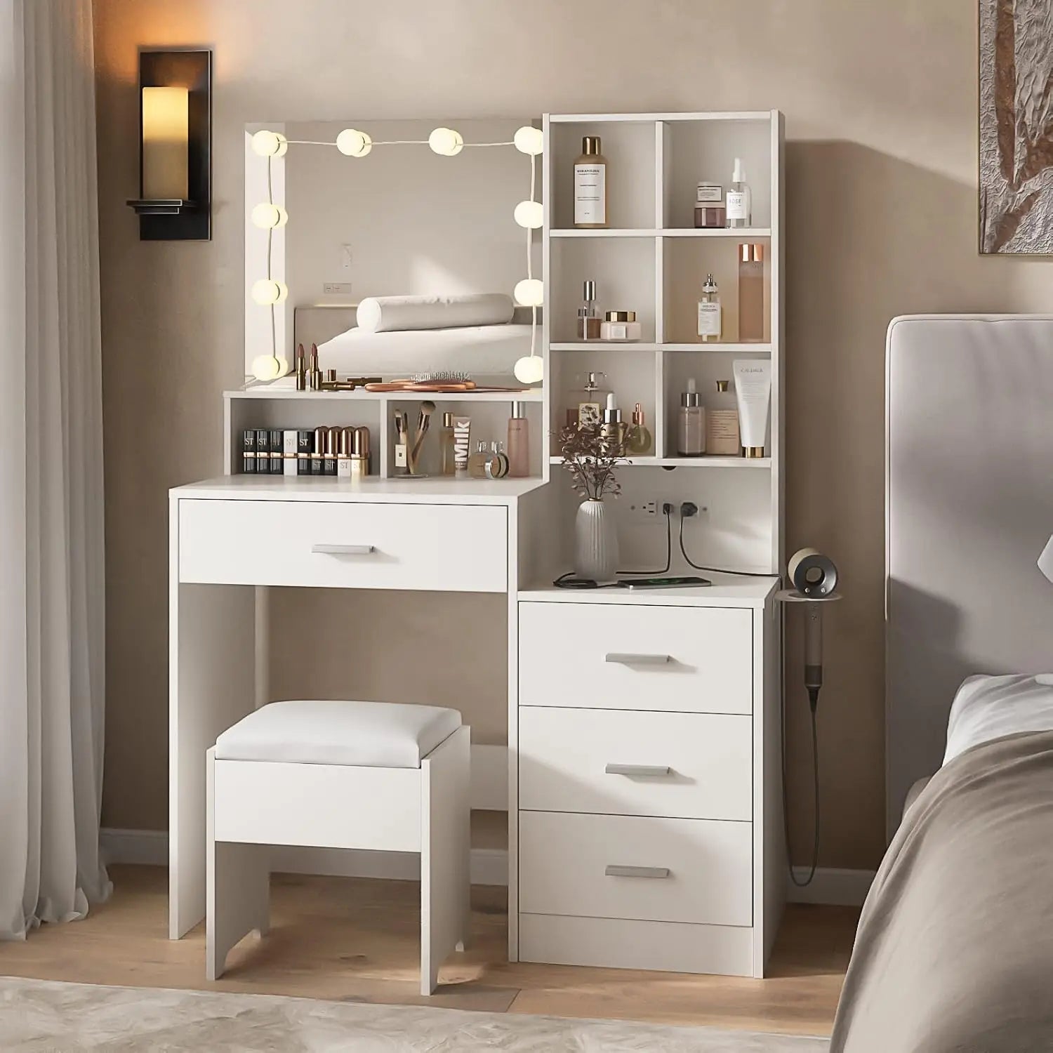 White Vanity Desk with Mirror and Lights – Makeup Vanity Table with Charging Station, Adjustable Lighting & Storage Shelves