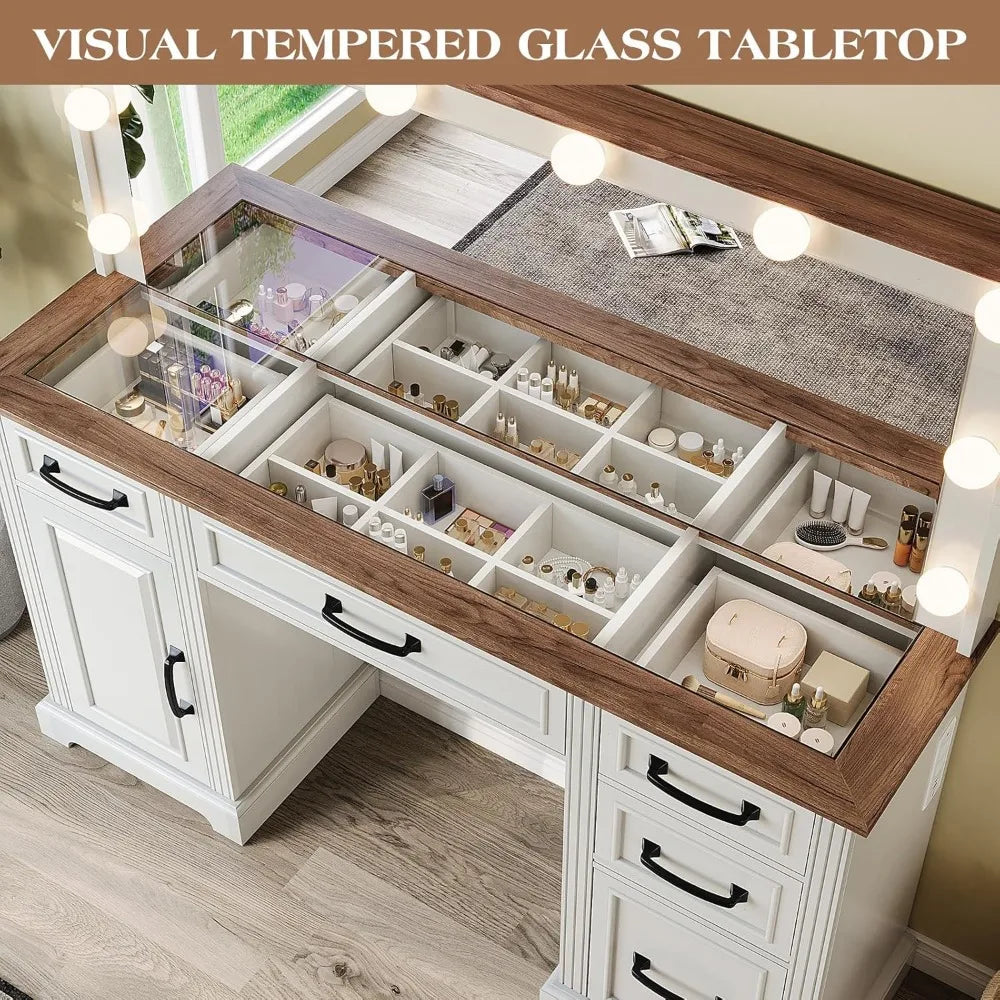 55'' Farmhouse Vanity Desk with Mirror and Lights, Large Makeup Table with Charging Station, Glass Tabletop & 5 Drawers