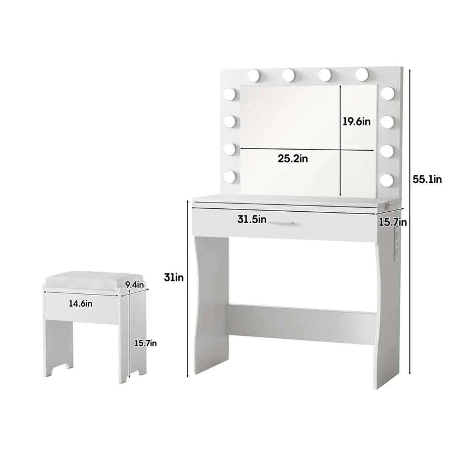 Small Vanity Desk with Mirror, Lights & Storage – Makeup Table with Drawer & Cushioned Stool
