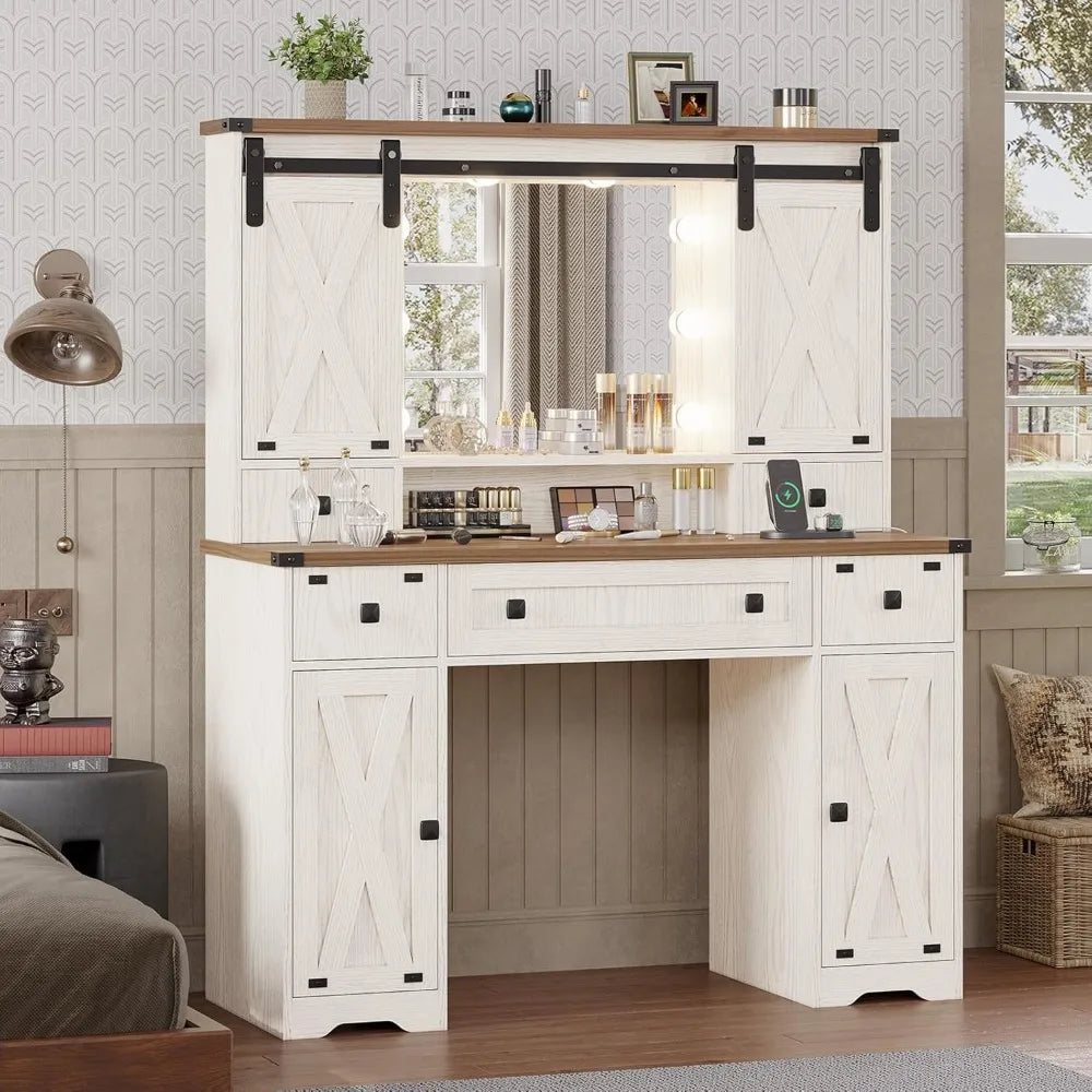Farmhouse Makeup Vanity Desk with Lighted Mirror, Sliding Barn Door & Power Strip