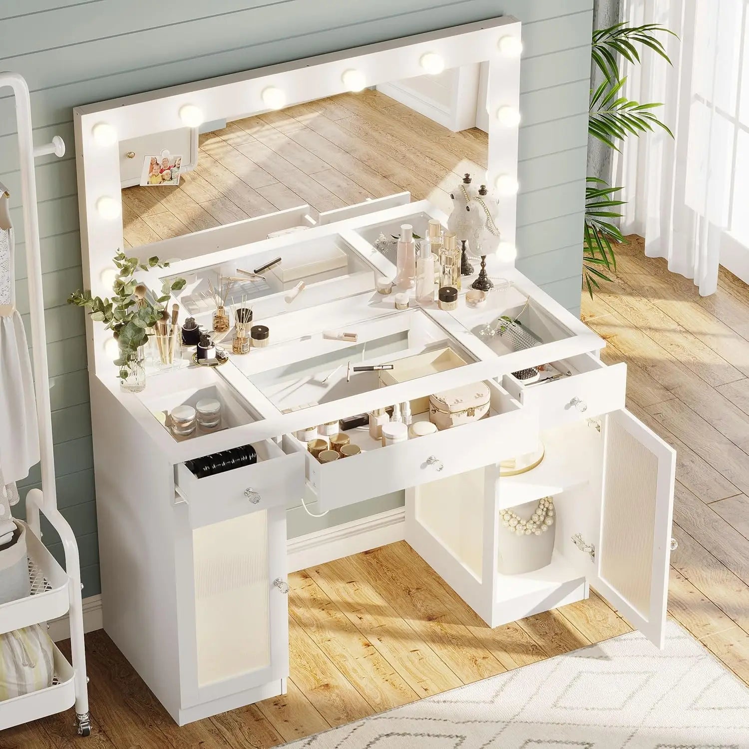 43" Glass Top Vanity Desk with Mirror, Lights & Power Outlet – 3 Drawers, Cabinets & Adjustable LED Modes