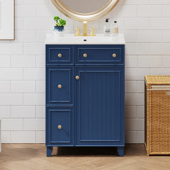 24-Inch Blue Bathroom Vanity Cabinet with Ceramic Sink, 2 Drawers & 1 Door – Solid Wood & MDF Construction