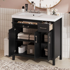 36" Black Bathroom Vanity Cabinet with Resin Integrated Sink, 2 Drawers & 3 Doors