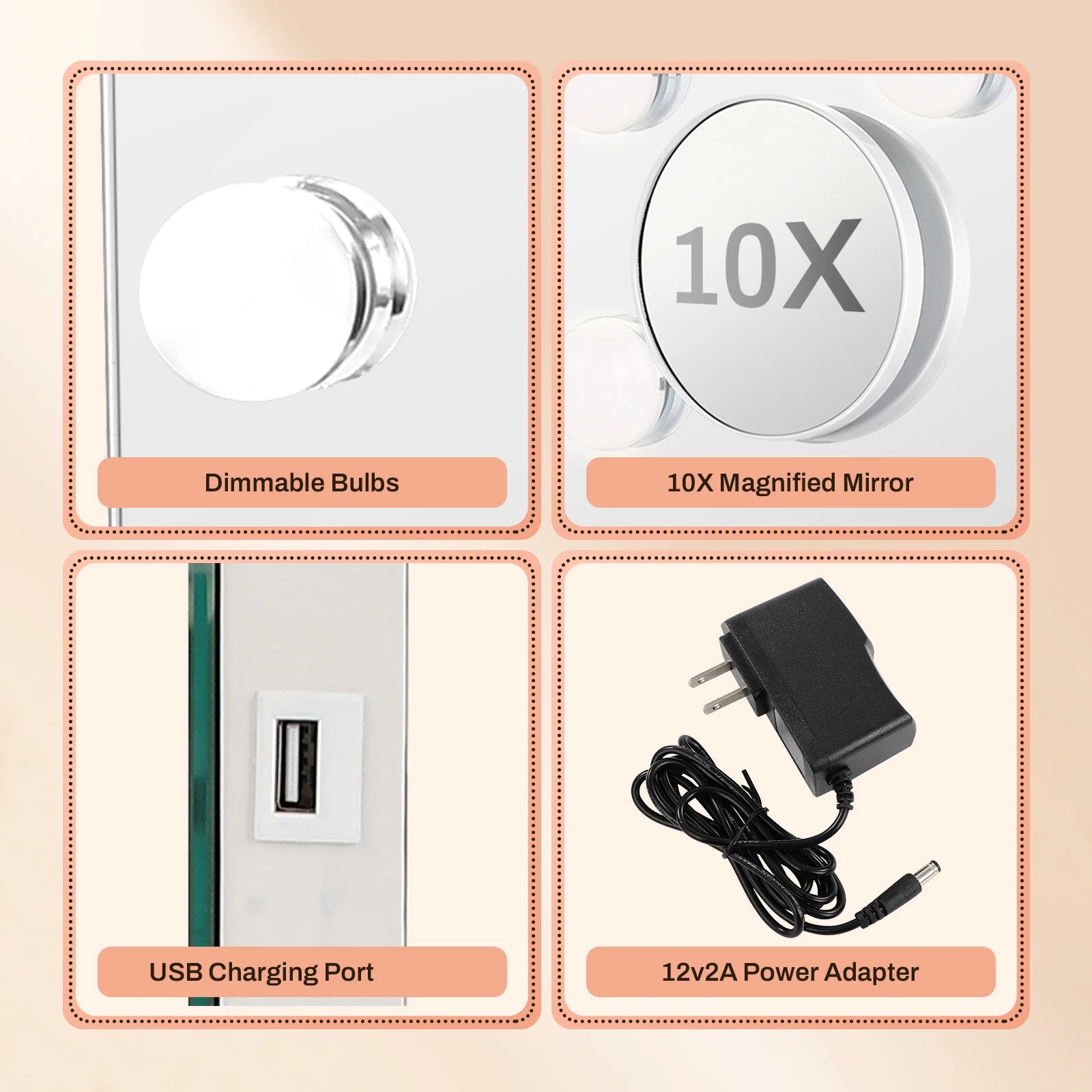 Vanity Mirror with Lights – 15 Bulbs, 10X Magnifying, 22.8" x 18" Large Hollywood Makeup Mirror, 3 Color Modes, Touch Control