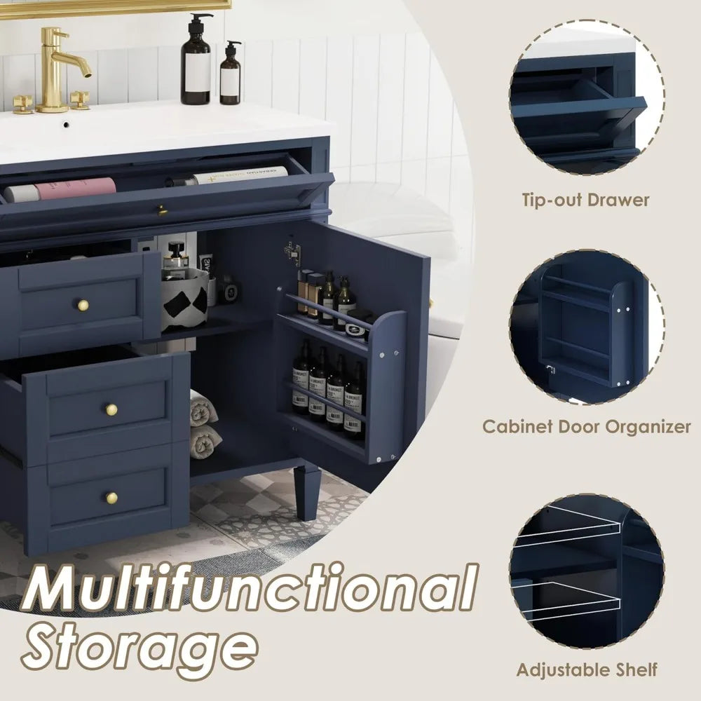 36" Freestanding Bathroom Vanity with Sink – Modern Storage Cabinet with Drawers & Flip-Down Organizer