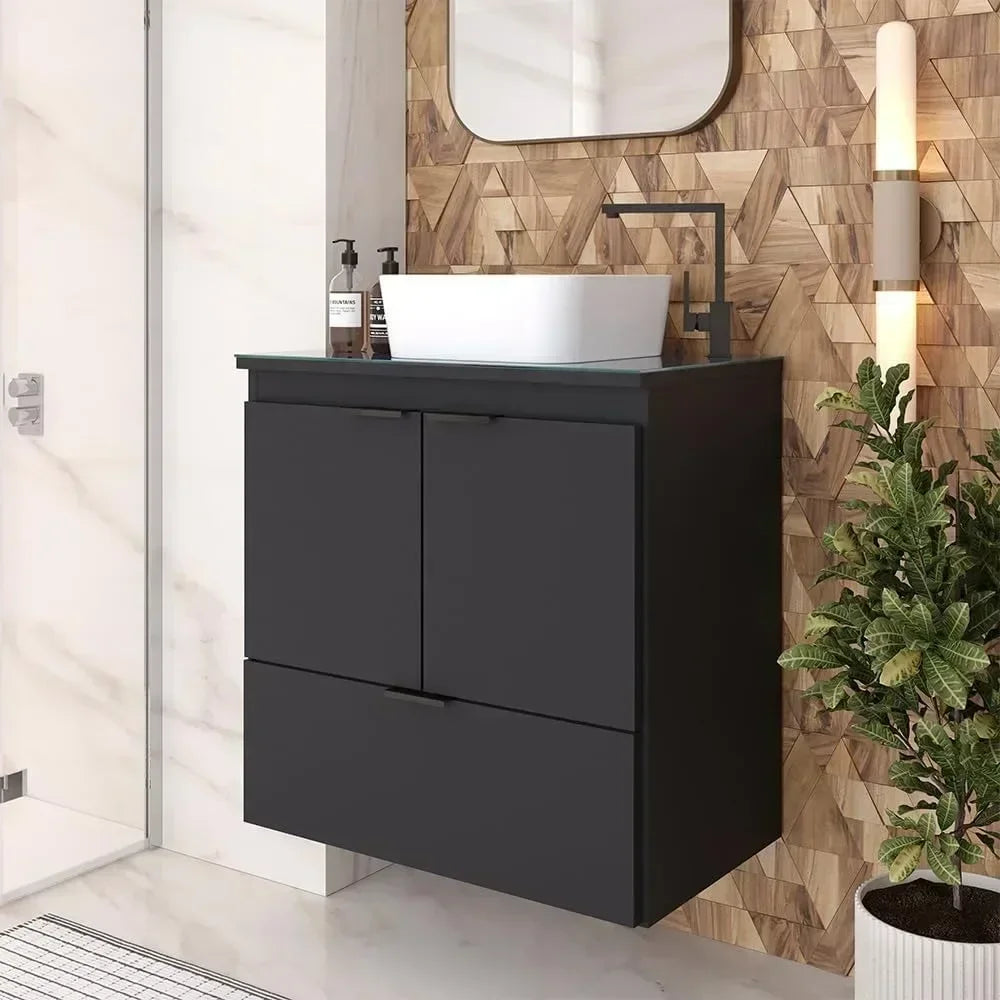 24" Floating Bathroom Vanity with Ceramic Sink – Soft-Close Doors & Drawer, Tempered Glass Countertop