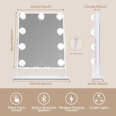 Lighted Vanity Mirror with Bluetooth & Wireless Charging – 9 Dimmable Bulbs, 3 Color Lighting Modes, 10X Magnifier