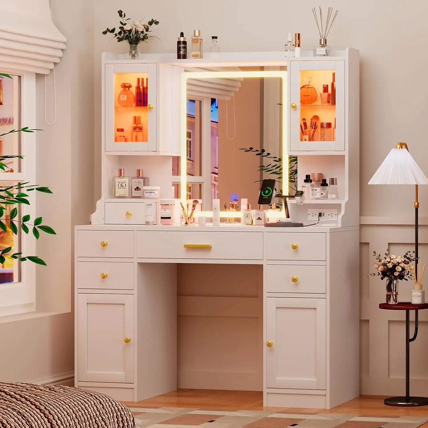 White Vanity Desk with Mirror, Lights & Charging Station – Large Makeup Table with RGB Cabinets & 3 LED Light Modes