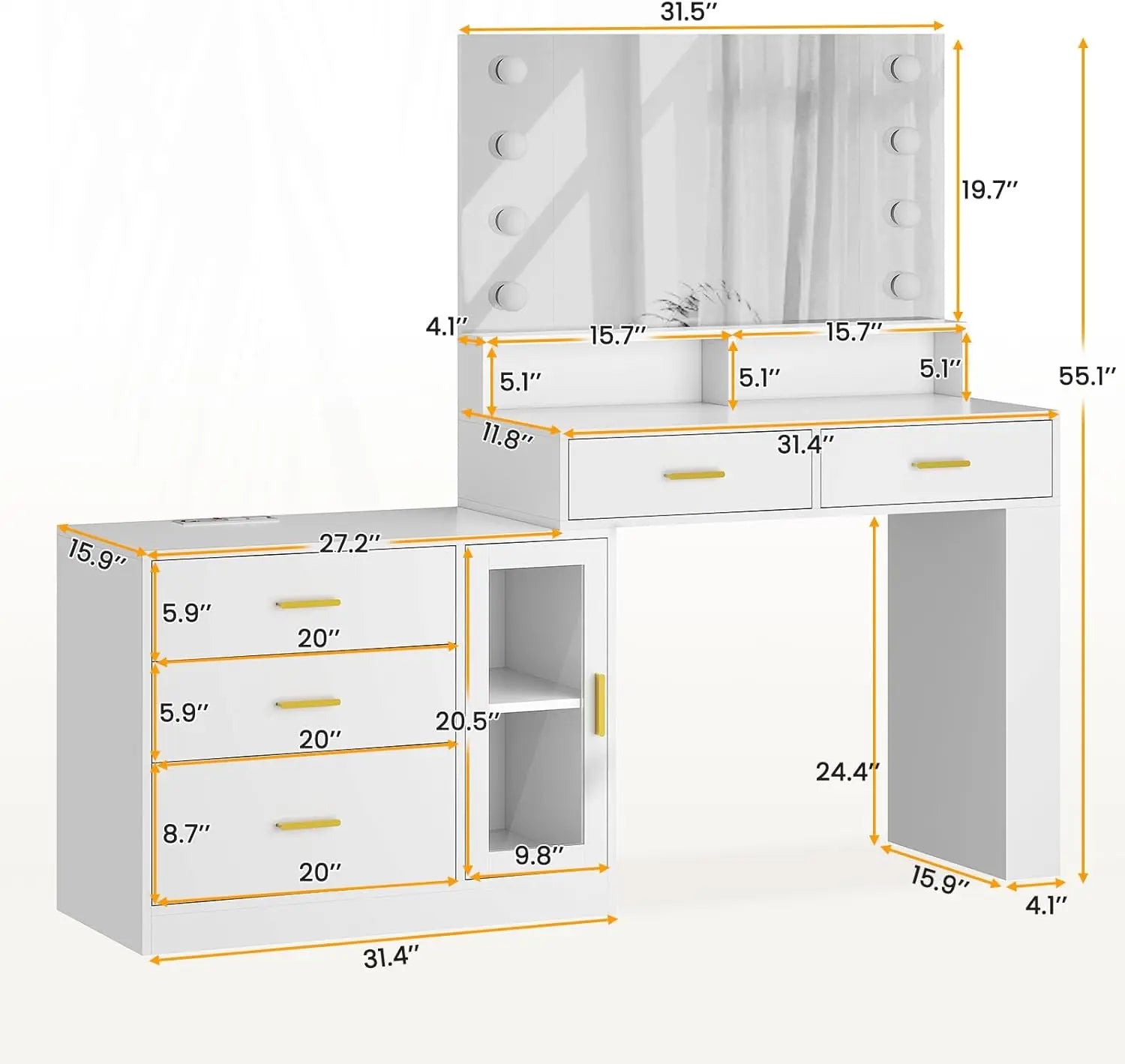 Makeup Vanity Desk with Mirror & LED Lights, White Vanity Table, Charging Station, 3 Drawers, LED Dresser, Adjustable Lighting, Modern Design