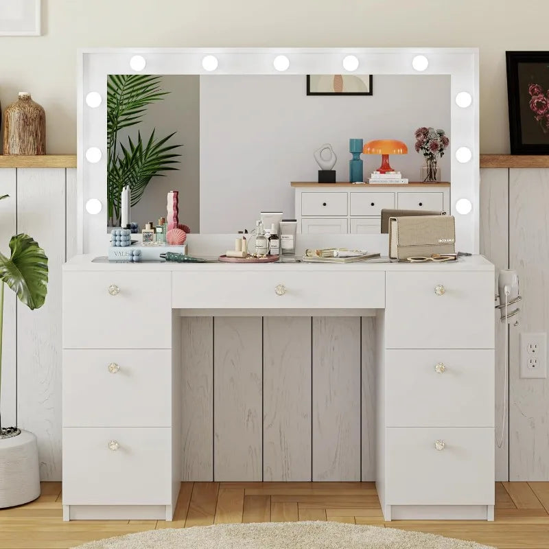 Vanity Desk with Mirror Lights, 7 Drawers, Crystal Knobs, USB Type-C & Type-A, Power Outlet, Hair Dryer Rack, Stylish Makeup Station