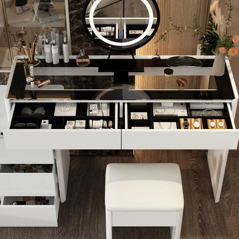 Makeup Vanity Desk Set with Lighted Mirror, Glass Top & Drawer Organizer – White Vanity Table with Movable Cabinet & Stool