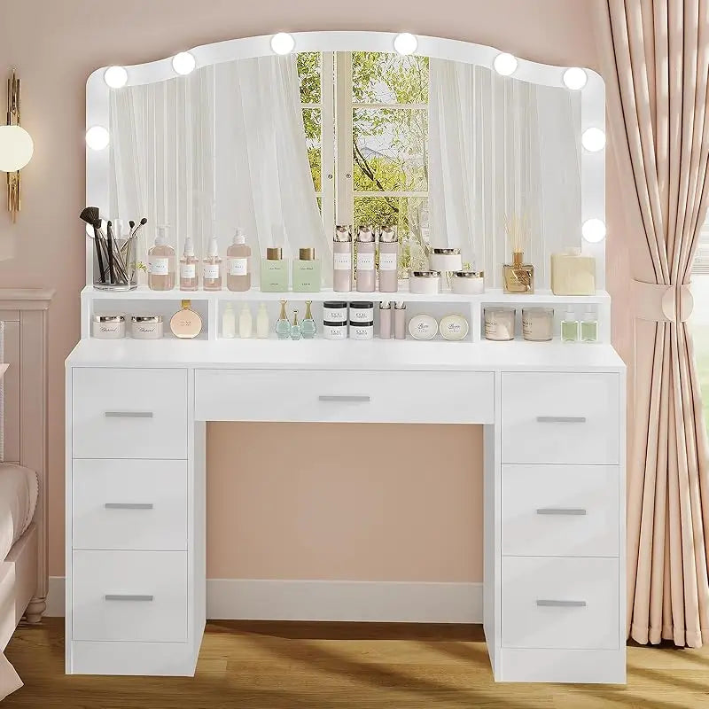 Usikey 43.3" Makeup Vanity Table with Lighted Mirror – 7 Drawers, 10 Bulbs & 3 Lighting Colors, Large Dressing Table