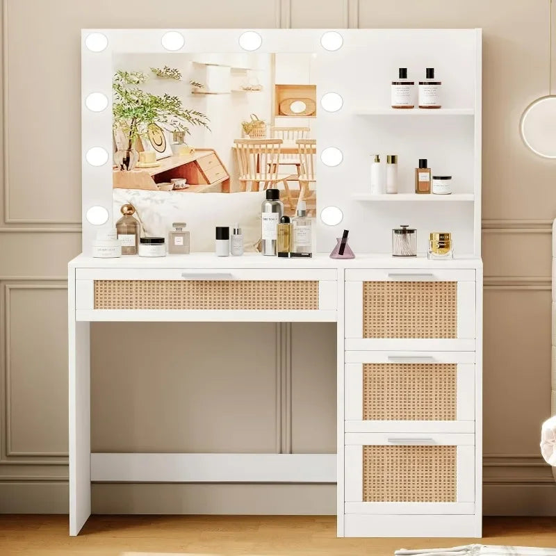 Makeup Vanity Table with Lighted Mirror & 4 Drawers | Modern Dressing Table with Storage Shelves