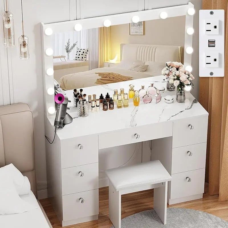 Vanity Desk with Lighted Mirror, 3-Color Modes & Charging Station – 7 Drawers