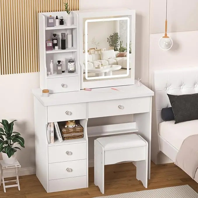 Makeup Vanity Desk with Mirror & Lights Vanity Table with 5 Drawers, Storage Shelves & 3-Color LED Lighting Modes