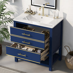 30-Inch Bathroom Vanity Cabinet with Ceramic Sink & Gold Accents Elegant Design Meets Everyday Functionality