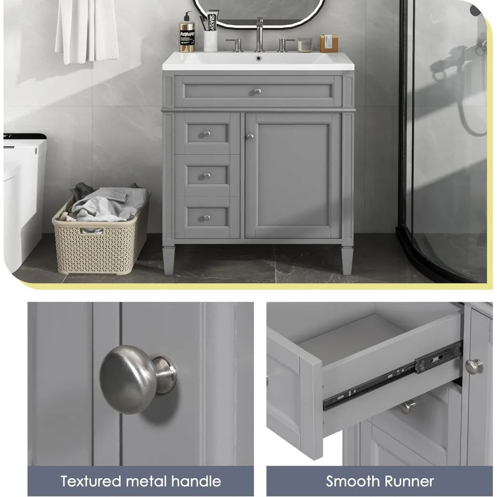30" Bathroom Vanity with Sink – Freestanding Cabinet with 2 Drawers & Tip-Out Drawer