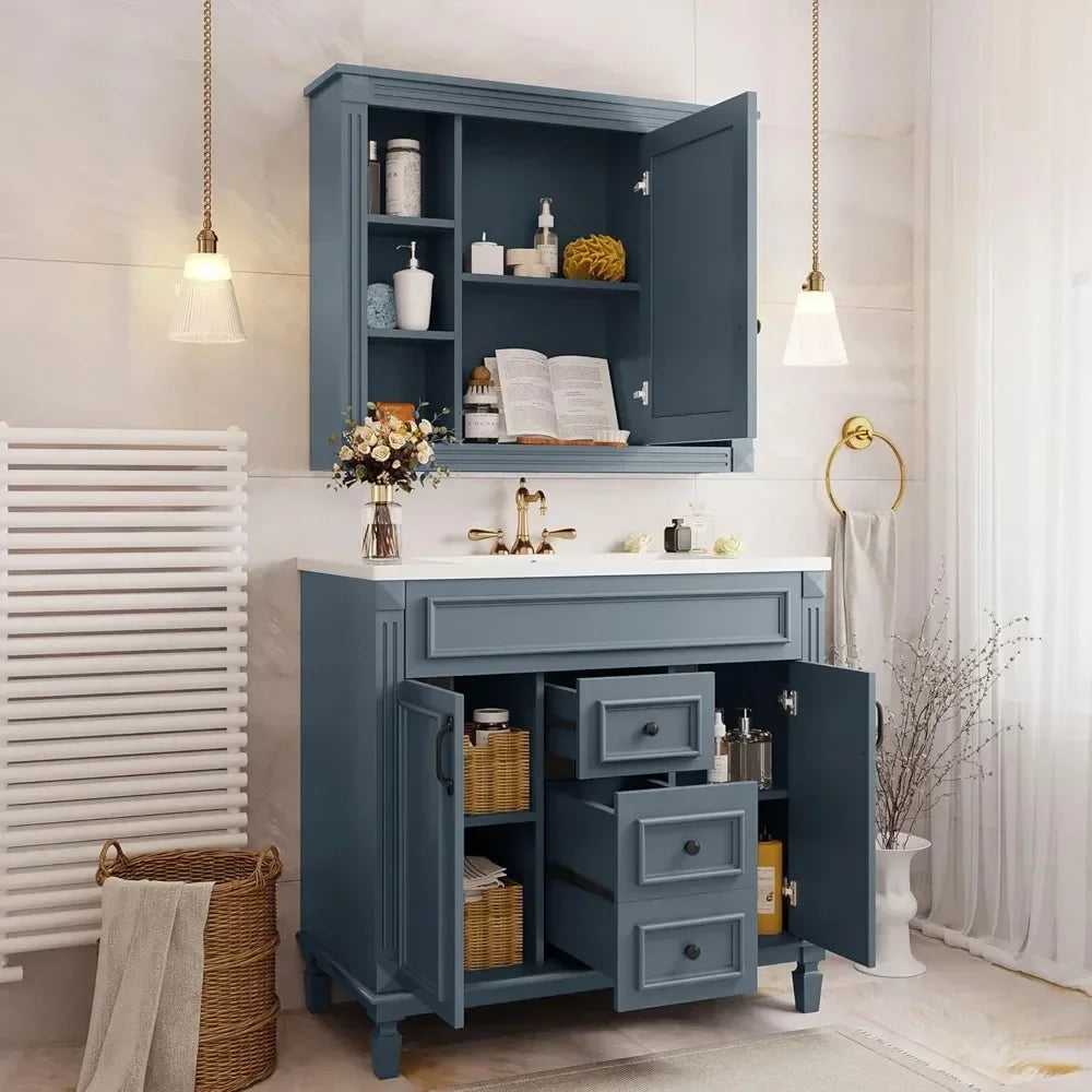 36” Bathroom Vanity with Sink – Solid Wood Frame, Integrated Sink, 2 Doors & 2 Drawers, Matching Mirror Cabinet
