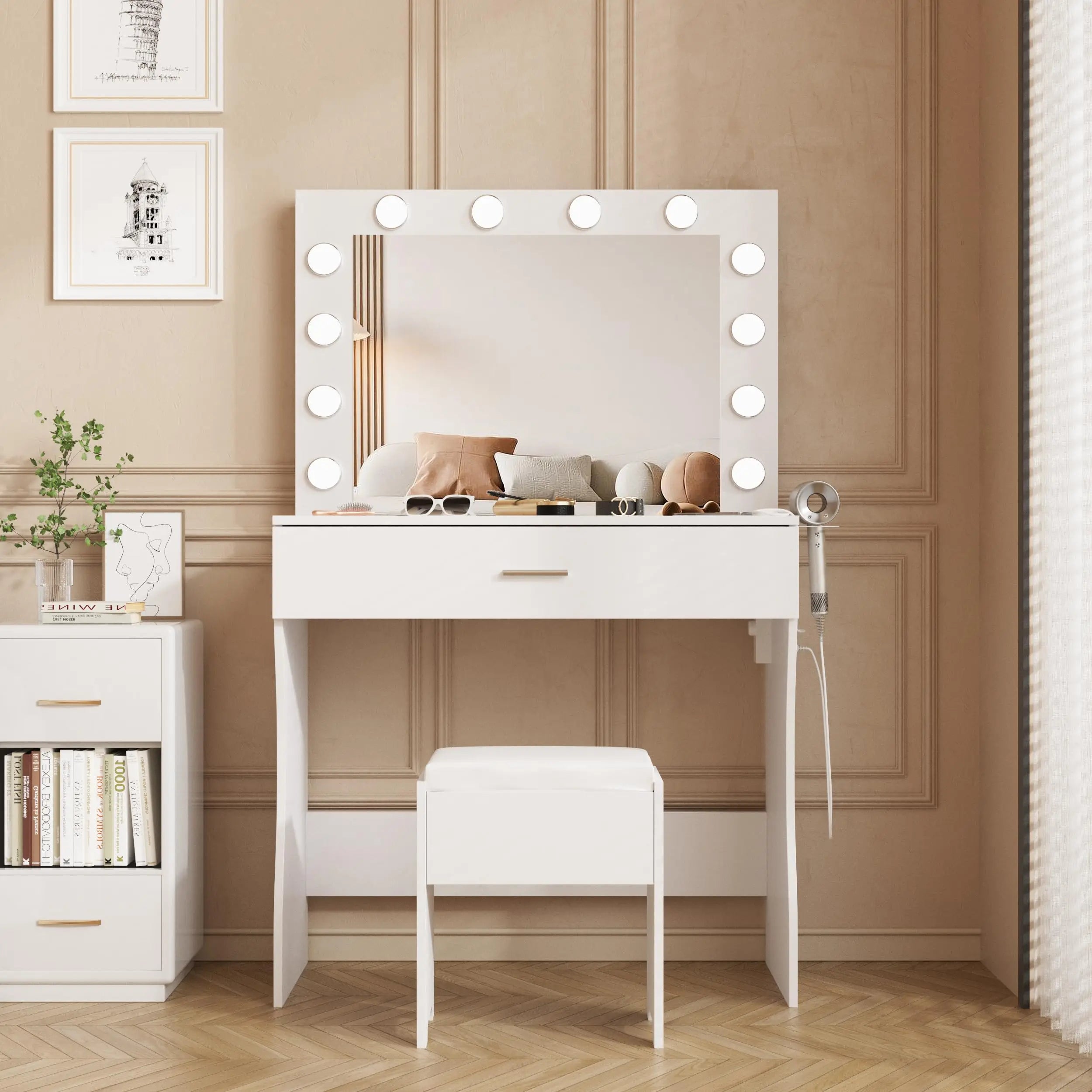 Small Vanity Desk with Mirror, Lights & Storage – Makeup Table with Drawer & Cushioned Stool