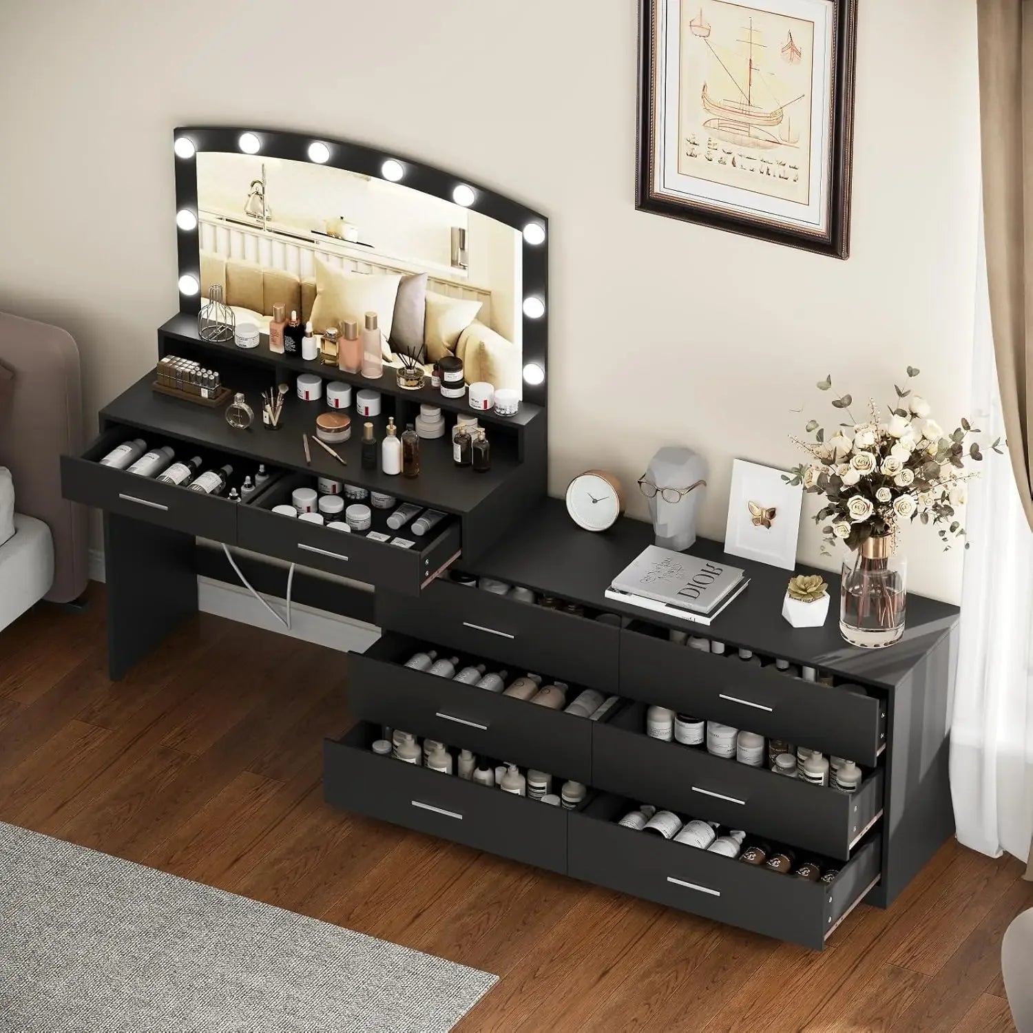 Vanity Desk with Large Mirror and 3-Color Lights