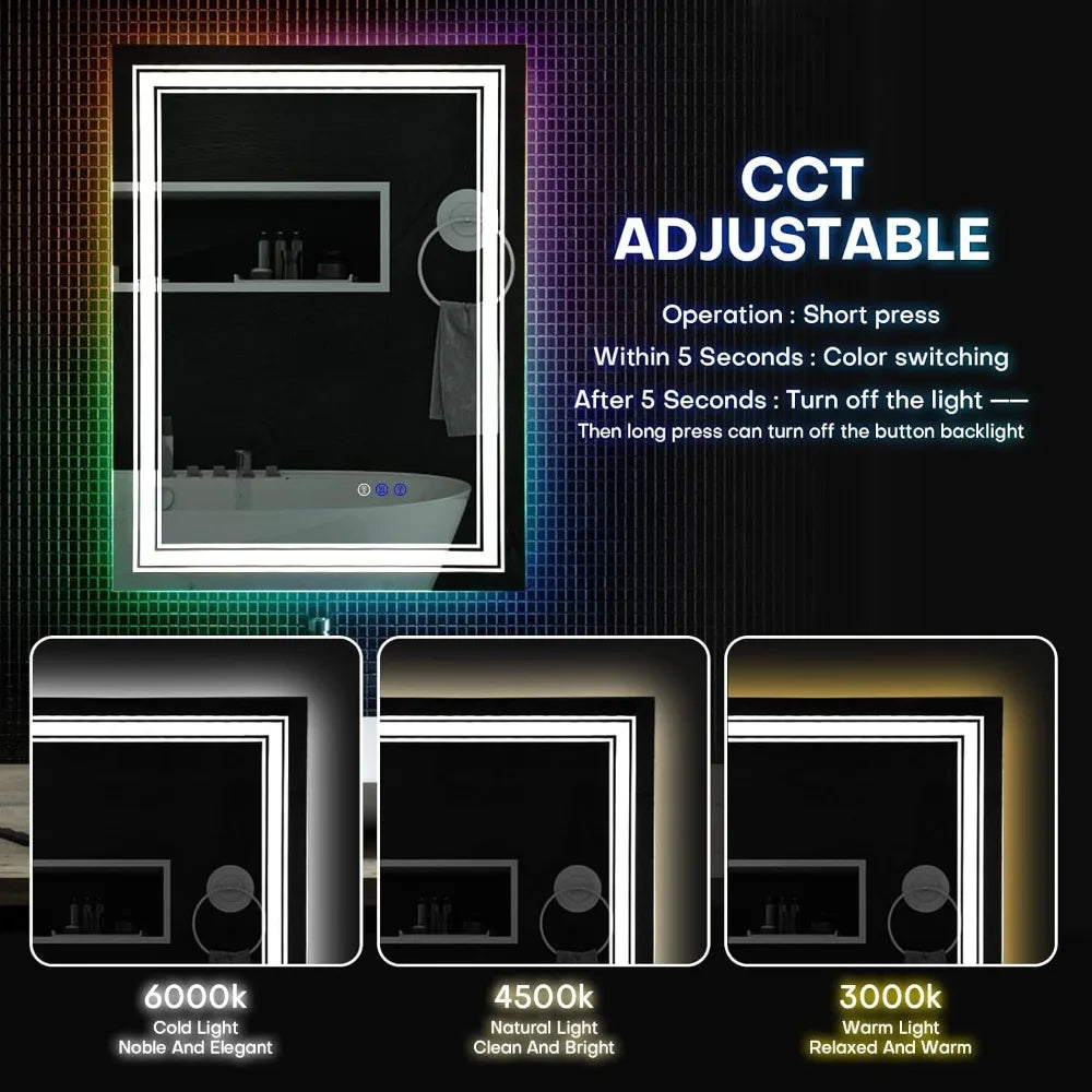 31.5"x23.6" Smart LED Bathroom Mirror – RGB Backlit & Front Lighted Vanity Mirror with Anti-Fog, Dimmable Brightness & Memory