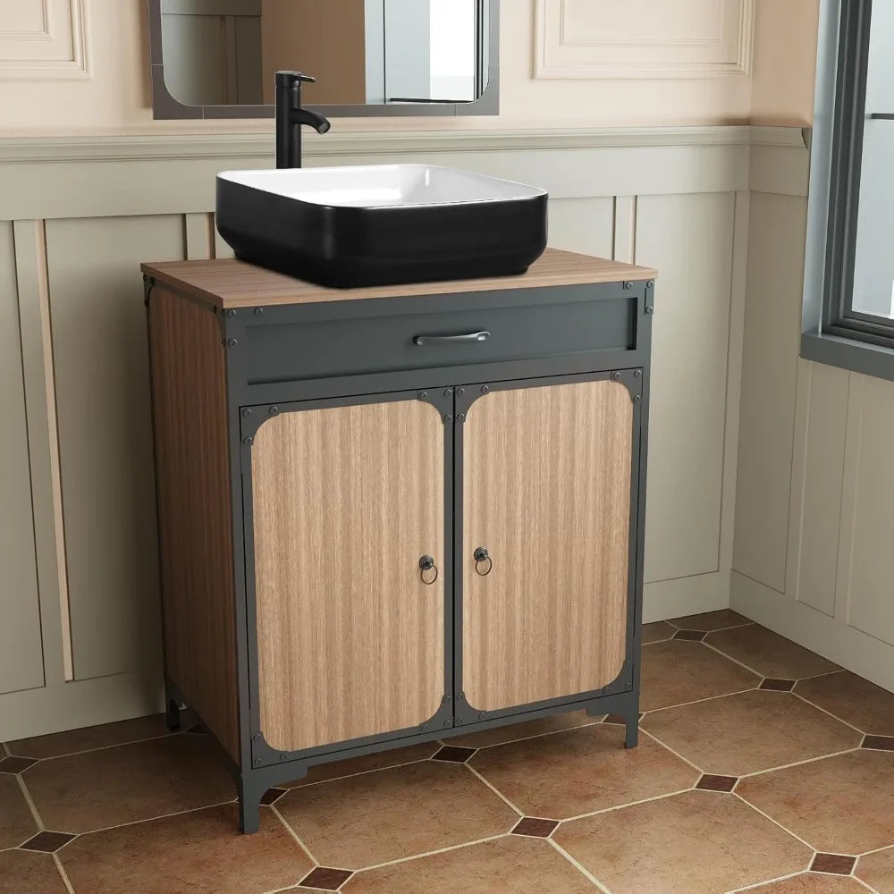 30" Bathroom Vanity Sink Combo Set – Brown Modern Wood Cabinet with Black & White Ceramic Vessel Sink