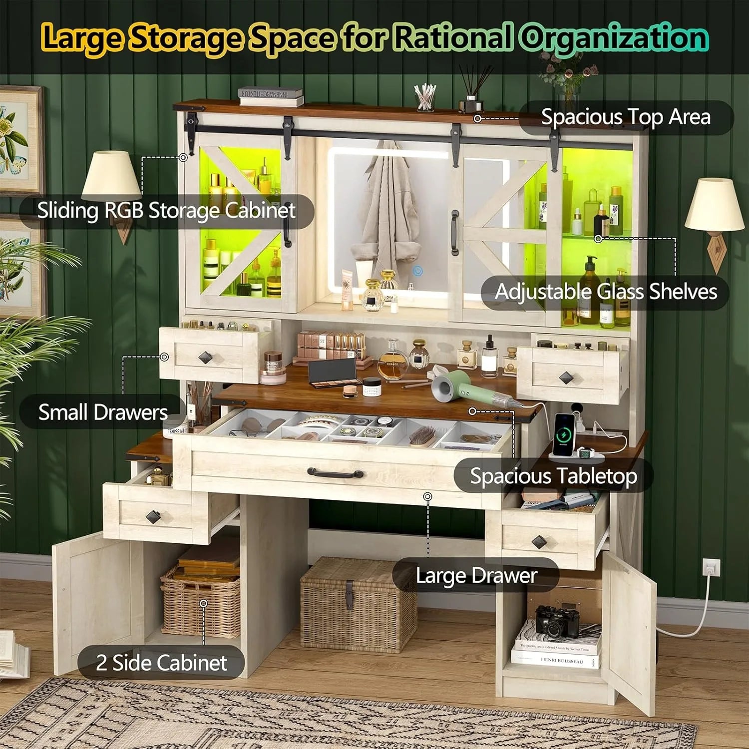 Rustic Farmhouse Vanity Desk with LED Mirror, Charging Station & Sliding RGB Cabinets