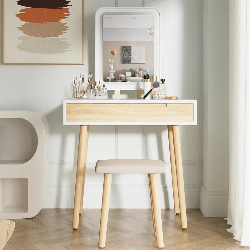 31.5" Small Vanity Desk with Lighted Mirror and Drawers – Compact Makeup Table with Adjustable LED, Stool Included