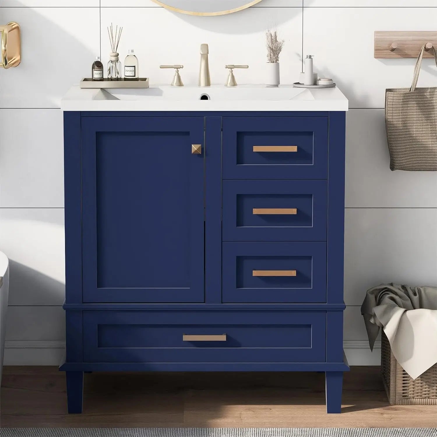 30” Modern Bathroom Vanity Cabinet with Single Sink – Grey, Ample Drawer Storage, Solid Wood Frame