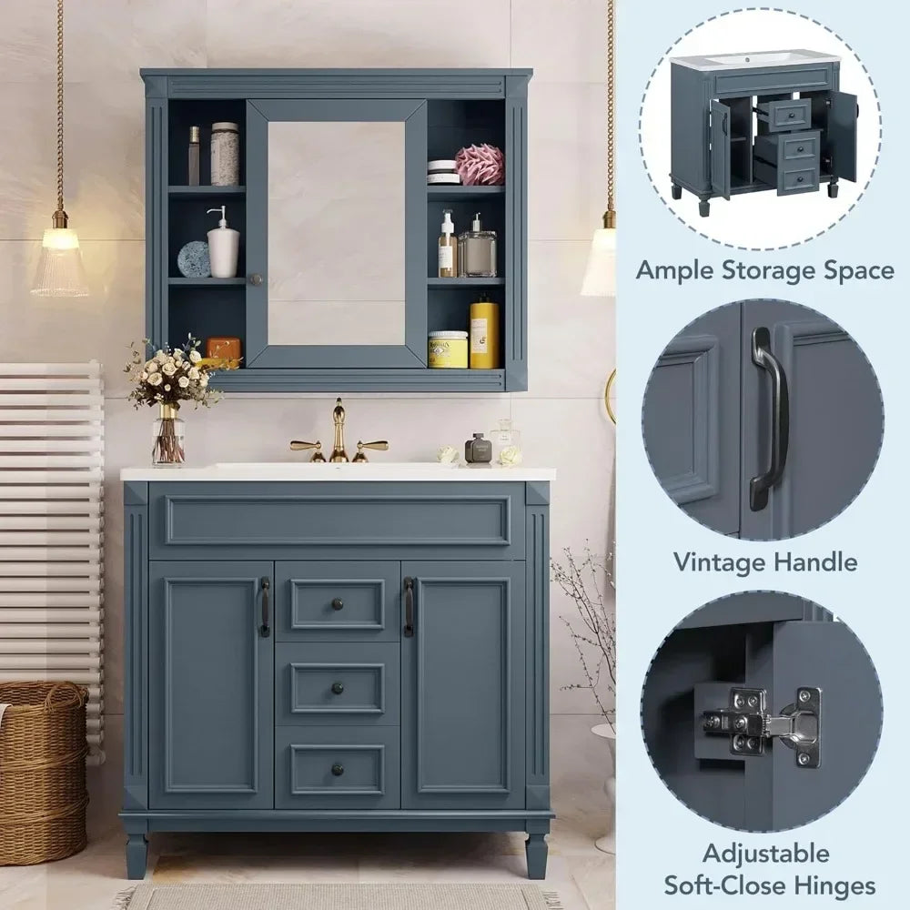 36” Bathroom Vanity with Sink – Solid Wood Frame, Integrated Sink, 2 Doors & 2 Drawers, Matching Mirror Cabinet