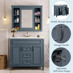 36” Bathroom Vanity with Sink – Solid Wood Frame, Integrated Sink, 2 Doors & 2 Drawers, Matching Mirror Cabinet