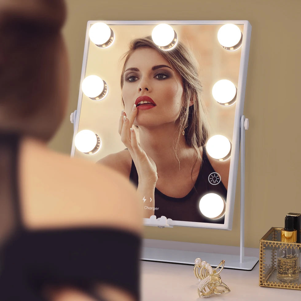 Lighted Vanity Mirror with Bluetooth & Wireless Charging – 9 Dimmable Bulbs, 3 Color Lighting Modes, 10X Magnifier