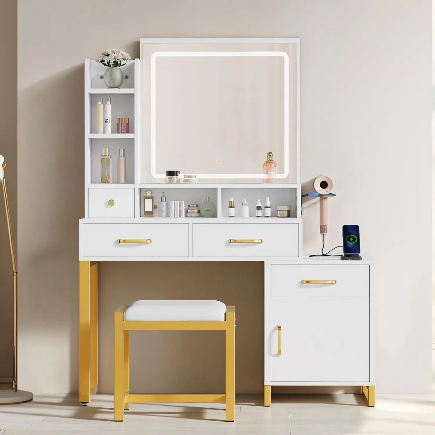 Makeup Vanity Desk with Mirror, Lights & Power Outlet 4 Drawers, Shelves, Cabinet, Dressing Table with Stool, 3-Color LED Lighting