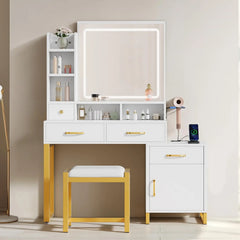 Makeup Vanity Desk with Mirror, Lights & Power Outlet 4 Drawers, Shelves, Cabinet, Dressing Table with Stool, 3-Color LED Lighting