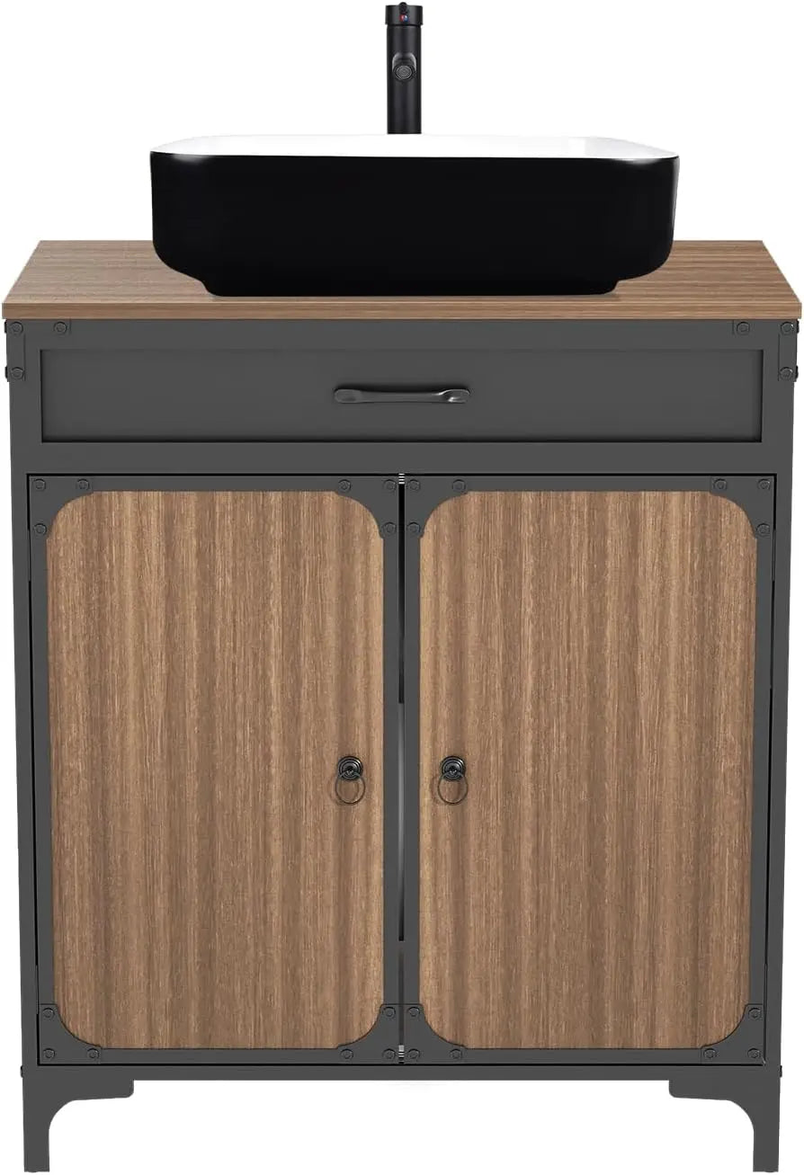 30" Bathroom Vanity Sink Combo Set – Brown Modern Wood Cabinet with Black & White Ceramic Vessel Sink