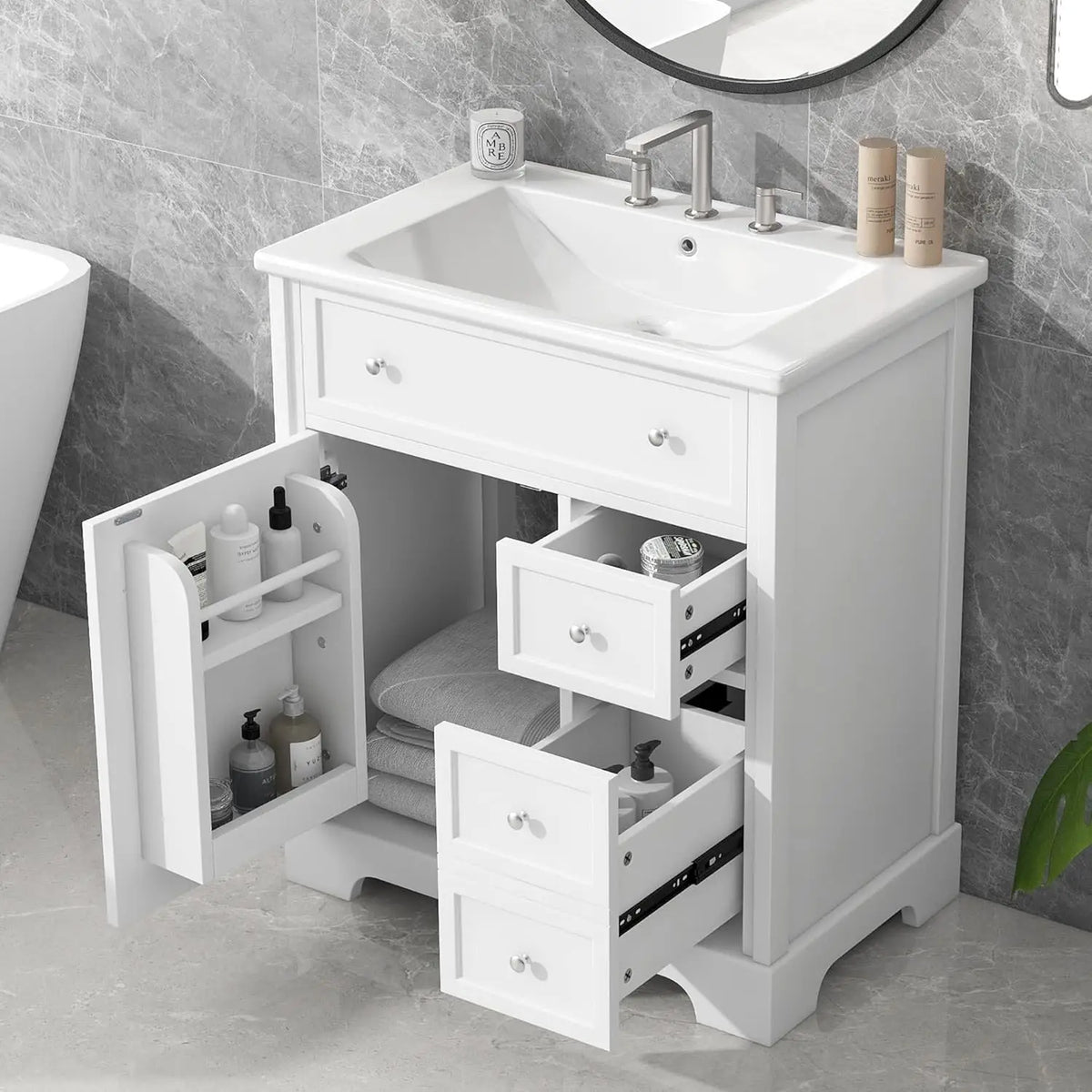 30" Bathroom Vanity with Sink – White Freestanding Cabinet with 2 Drawers, Soft-Close Door & Integrated Sink