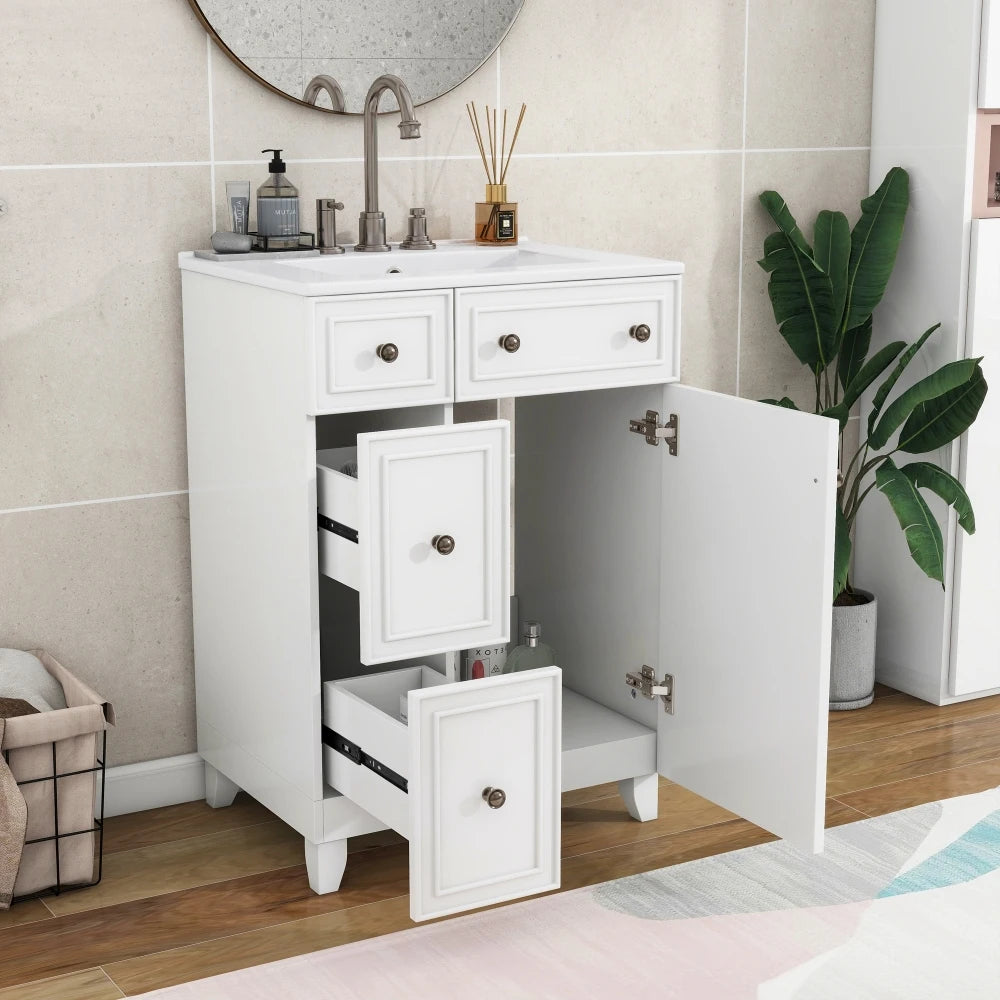 24-Inch Blue Bathroom Vanity Cabinet with Ceramic Sink, 2 Drawers & 1 Door – Solid Wood & MDF Construction