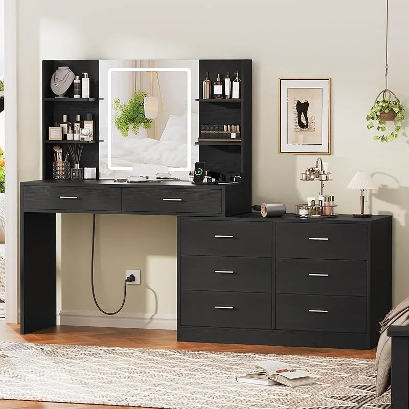 65.9" Vanity Desk with LED Mirror, Power Outlet & Adjustable Storage