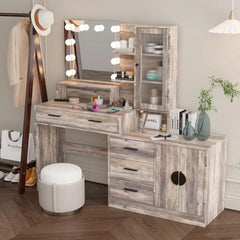 Vanity Desk with Lighted Mirror & Charging Station Makeup Vanity Table with Drawers, Storage Shelves, 10 LED Lights, and Adjustable Brightness