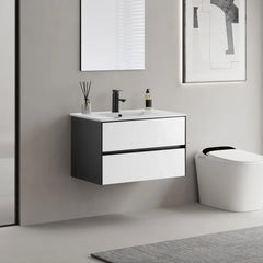 30" Floating Bathroom Vanity with Ceramic Sink & Matte Black Faucet – 2 Drawer Wall-Mounted Cabinet Combo