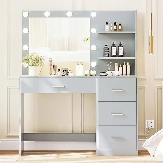 Lighted Makeup Vanity Table with Mirror, 4 Drawers & Storage Shelves