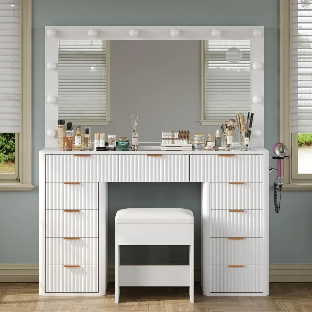 Vanity Desk with Lighted Mirror, Glass Top & Power Outlet – Includes Stool & 11 Drawers