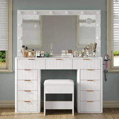 Vanity Desk with Lighted Mirror, Glass Top & Power Outlet – Includes Stool & 11 Drawers