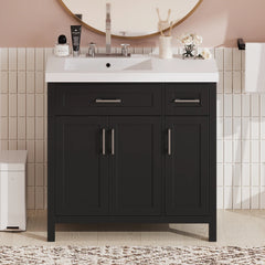 36" Black Bathroom Vanity Cabinet with Resin Integrated Sink, 2 Drawers & 3 Doors