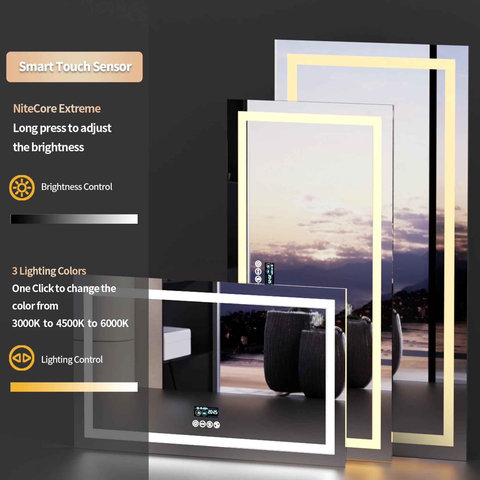 Smart LED Bathroom Mirror with Bluetooth Speaker & Display – Anti-Fog, Dimmable, Dual Light, 3 Color Modes