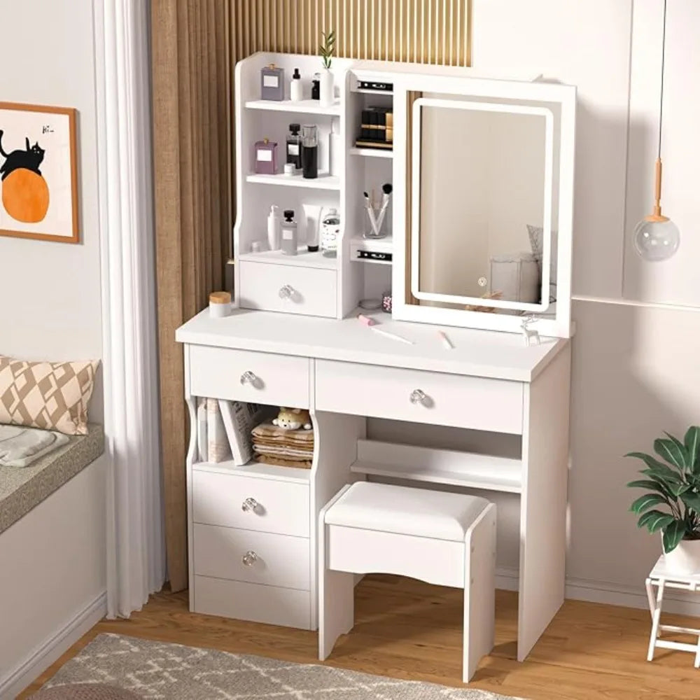 Makeup Vanity Desk with Mirror & Lights Vanity Table with 5 Drawers, Storage Shelves & 3-Color LED Lighting Modes