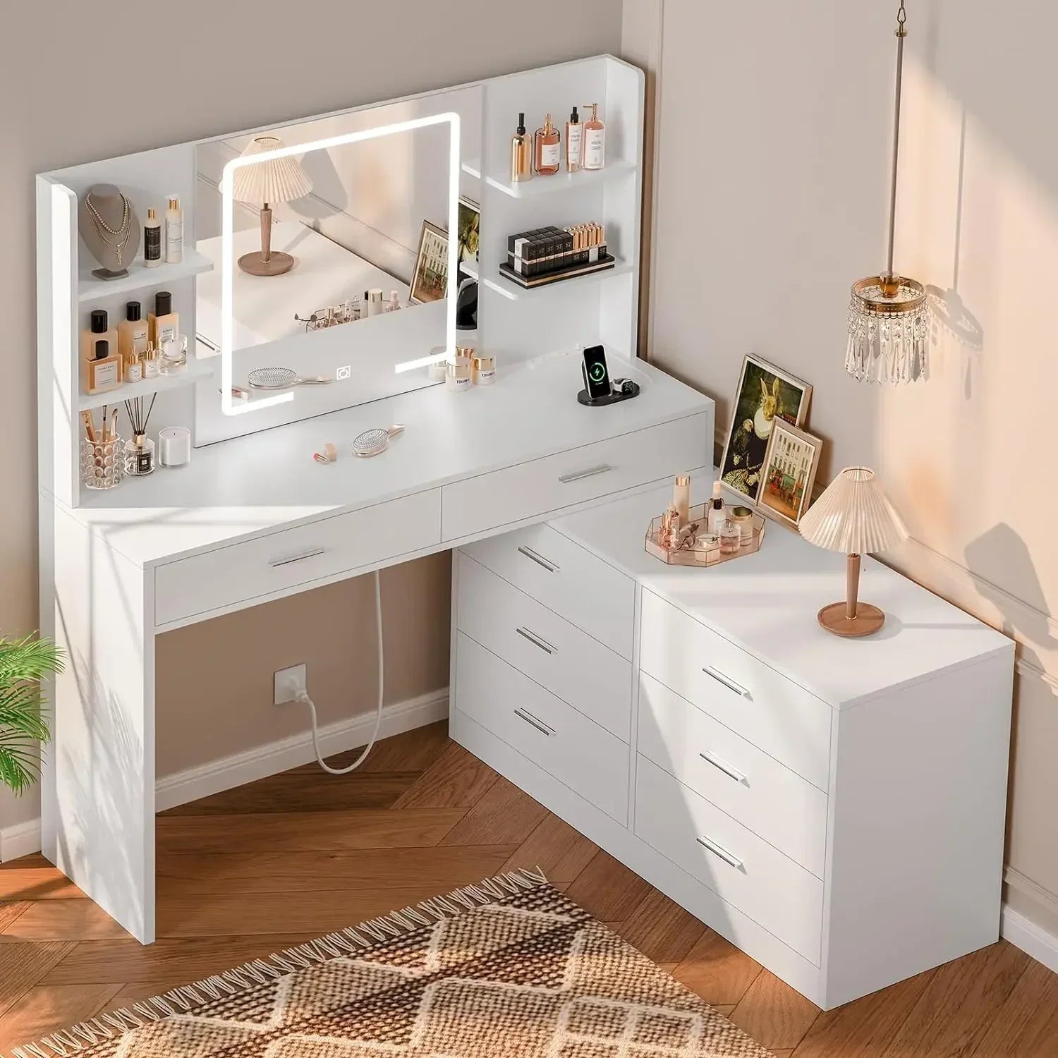 Vanity Desk with LED Lighted Mirror & Power Outlet – 8 Drawers, Open Shelves, Modern Makeup Dressing Table for Bedroom