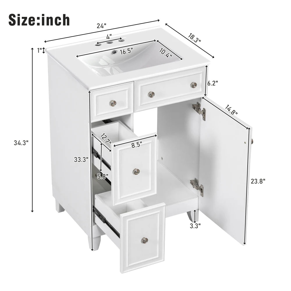 24-Inch Blue Bathroom Vanity Cabinet with Ceramic Sink, 2 Drawers & 1 Door – Solid Wood & MDF Construction