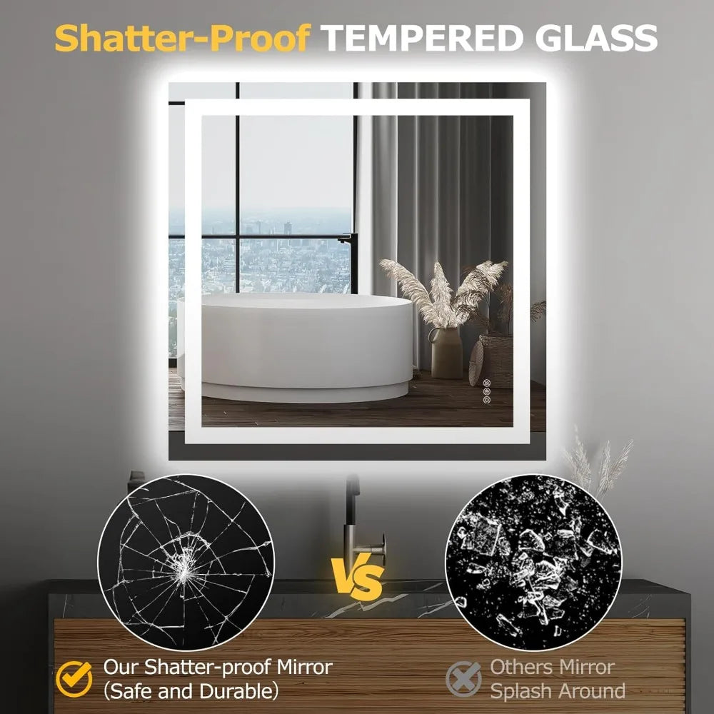 36"x36" LED Bathroom Mirror with Front & Backlight – Dimmable, Anti-Fog, Smart Memory Function